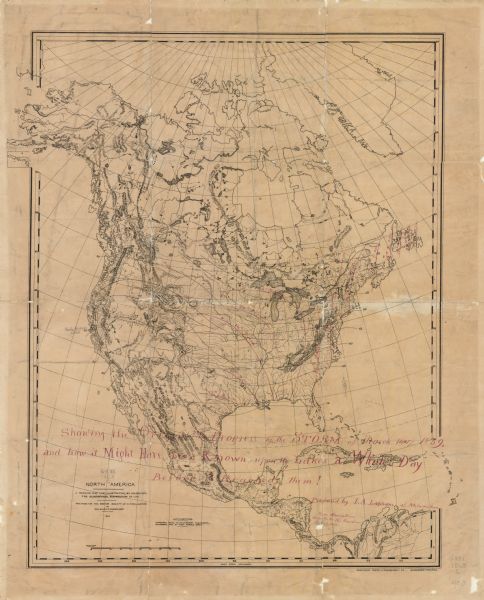 This map is one of the earliest weather maps of the United States, which traced an 1859 storm across the continent. Manuscript annotations in red ink show dates and positions of the storm front. The base map was prepared for the Boston Society of Natural History by William C. Cleveland; and shows isothermal lines of mean temperatures. The lower right margin reads: "American Photo-Lithographic Co., Osborne’s Process."
