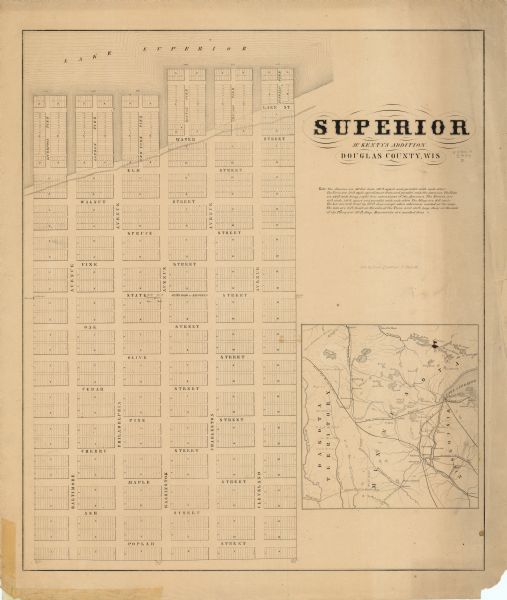 This map shows lot and block numbers, piers, streets, monuments, and township section corners. Included is a note on the width of avenues, piers, slips, alleys, and lots. Also included is an inset location map showing major railroads and roads in Dakota Territory, Minnesota, and Wisconsin. Relief is shown by hachures.