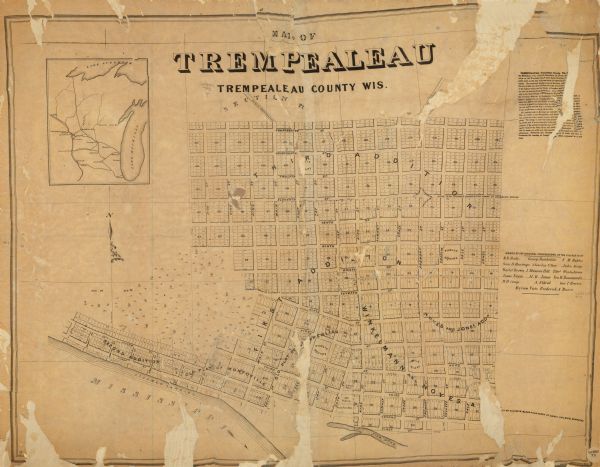 This map is mounted on cloth and shows lot and block numbers, streets, additions, and public squares. Also included is information on Trempealeau, an inset map that shows major cities and lakes around Trempealeau, and a list of "names of original proprietors of the village plat."
