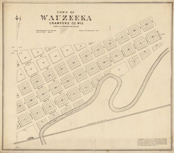 This map shows lot and block numbers, streets, a mill, the Milwaukee and Mississippi Railroad, the train depot, and the Kickapoo River. Included in the lower right margin is information about Wauzeeka.