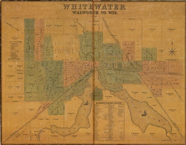 This map is hand-colored and mounted on cloth and shows lot and block numbers and dimensions, landownership, streets, railroads, selected buildings, fair ground, Congar’s Nursery, and cemeteries. Included is an index of churches, schools, hotels, and factories, and a Whitewater business directory.