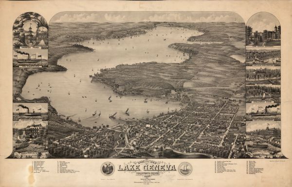 This pictorial bird's-eye-view map shows buildings, streets, and railroads. Included are illustrations and an index to points of interest. The bottom of the map reads: "Population 2000. Official population of Lake Geneva Village, 1969 in 1881. Town, 2899."