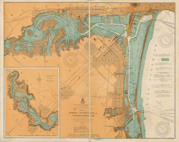 This map shows streets, industrial buildings, a portion of Lake Superior and other lakes, bays, and rivers in portions of Duluth and Superior. Relief is shown by hachures; depths are shown by tints, soundings and isolines. The map is continued by an inset that shows the St. Louis River from Mud Lake to foot of rapids. Also included are notes on sailing directions, the water levels of Lake Superior, dry docks, opening and closing of navigation and abbreviations. North is oriented to the upper right. The lower left margin reads:"Issued March 30, 1907" and the bottom margin reads: "Aids to navigation corrected from information received to May 25, 1908." This map is accompanied by a Supplement to chart of Duluth-Superior Harbor that shows widened approaches to new draw spans of Northern Pacific Ry. Bridge and other recent changes in St. Louis Bay, July 1908.