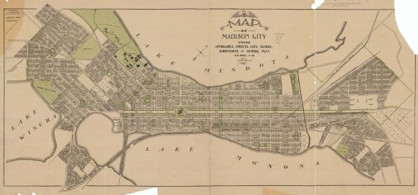 This map shows shows streets, subdivisions, railroads, places of interest including the State Capitol, the University of Wisconsin, Camp Randall, Henry Vilas Park, and Lakes Mendota, Monona, and Wingra.