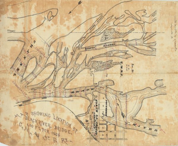 This map is ink on tracing cloth and shows the Black River, French Slough, Little French Slough, the southern portion of North La Crosse, the Milwaukee & St. Paul Railway, and W.H. Polleys’ saw mill. Depths are shown by soundings. Also included are manuscript notations in black and red ink.