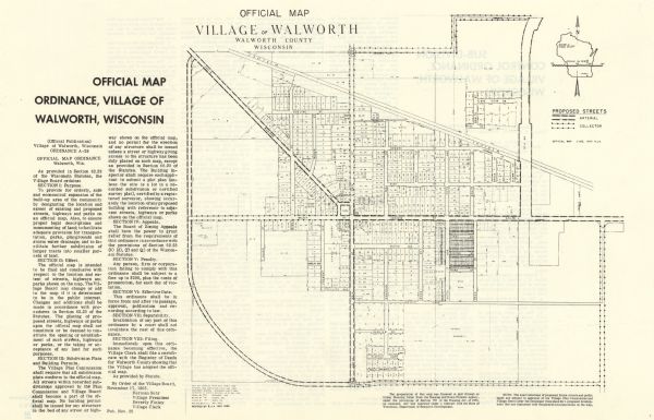 This map shows proposed streets, arterial and collector streets, lot numbers and dimensions, parks, the disposal plant, a ball park, and school property. The front of the map includes text on official map ordinance and the reverse includes text on sub-division control ordinance. The bottom of the map reads: "By order of the Village Board, November 17, 1965. Herman Suhr Village President Beverly Finley Village Clerk Pub. Nov. 25."