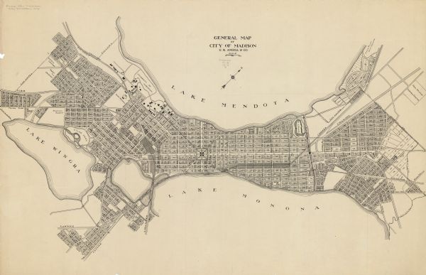 This map shows plat of the town, city limits, numbered blocks and lots, wards, local streets, roads, railroads, Capitol Square, Vilas Park, Edgewood Academy, the University of Wisconsin, Lake Wingra, and parts of Lake Mendota and Lake Monona.