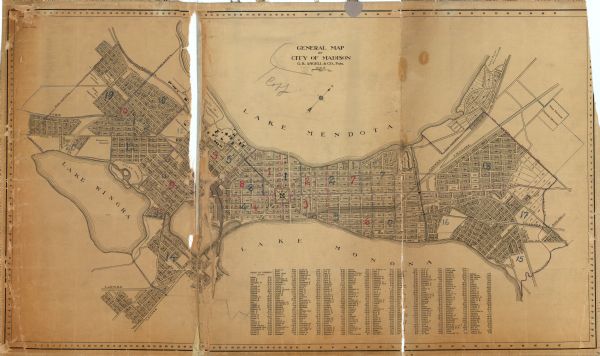 This map shows a plat of the town, city limits, numbered blocks and lots, wards, local streets, roads, railroads, Capitol Square, Vilas Park, Edgewood Academy, the University of Wisconsin, Lake Wingra, and parts of Lake Mendota and Lake Monona. A street index is also included.  Wards and city limits are annotated with red and blue ink.