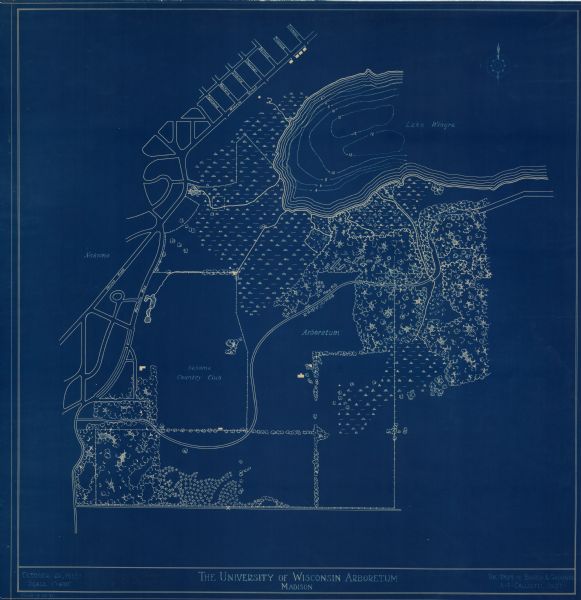 Blue print and blue line print maps that show local streets, Nakoma Country Club, part of Lake Forest, and part of Lake Wingra. A legend is included that shows marsh areas, brush, hardwood, evergreens, Indian mounds, and boundaries. Depth is shown by isolines.