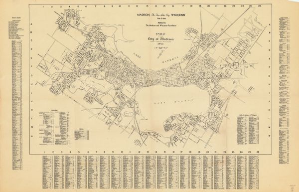This map shows streets, railroads, Lake Mendota, Lake Monona, Lake Wingra, golf courses, parks, Truax Field, and country clubs. Also included are street, churches, clubs, and sub-division and village indexes.