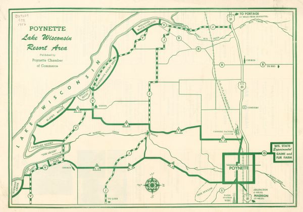 This map shows Lake Wisconsin, roads, highways, parks, resort areas, camps, gardens, and Wisconsin State experimental game and fur farm. The back of the map features a directory, advertisements, and illustrations.