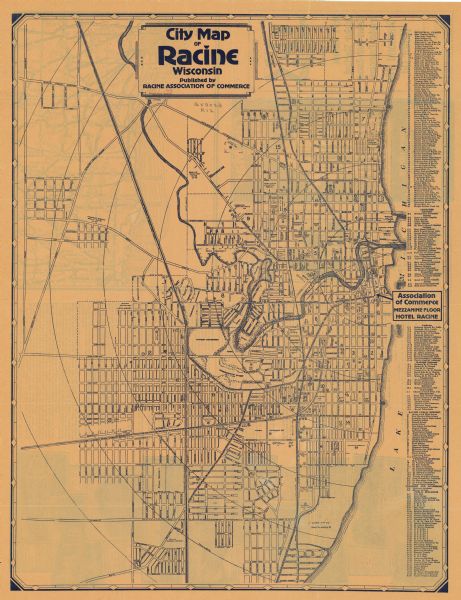 This map includes an index on the right margin of industrial plants, churches, schools, and public buildings. Streets, the Rock River, Lake Michigan, parks, and points of interest are labeled. The back of the map includes a location map, facts about the city, and illustrations.