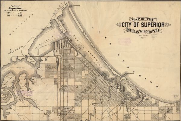 This map shows streets, railroads, dock and harbor lines, and parks. The map includes population tables for 1880, 1890, 1900.