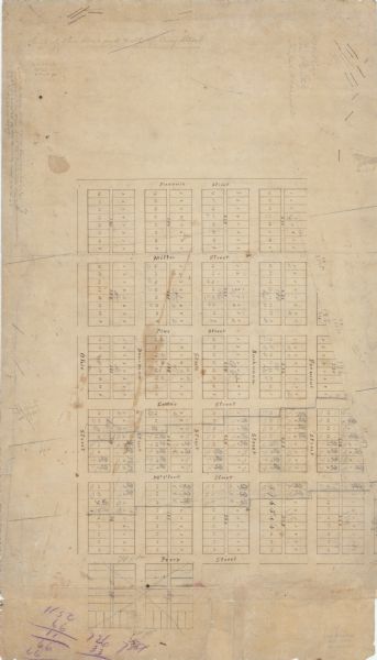 This map shows lots and streets and includes pencil manuscript notations on the front and certification statements on the reverse. The top left margin reads: "Addition to the Union Plat of Prairie du Chien as laid out on the East End of farm lots nos. 25, 26, 27, 28, and 29 of the private land claims at Prairie du Chien, 1857."