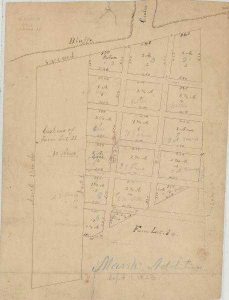 This map is pen-and-ink and shows farm lots, other lots of land sectioned by acres, bluffs, and a coulee. Also included are notations in pencil and blue ink. The bottom of the map reads: "Marsh's Addition.  September 1, 1856."