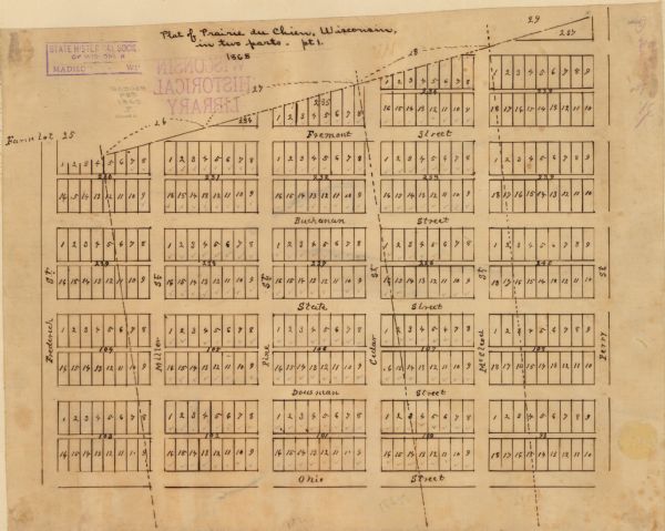 This is a collection of two plat maps. The first map shows lots, streets, and farm lot 25. Written in ink, the top of the map reads: Plat of Prairie du Chien, Wisconsin, in two parts- pt. 1, 1865." The second map shows lots, streets, and the Marais de St. Friole. Written in ink, the bottom of the map reads: "Plat of Prairie du Chien, Wisconsin, in two parts- pt. 2, 1865."
