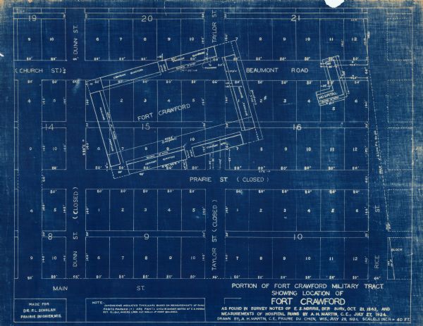 This map shows buildings and dimensions of Fort Crawford and hospital overlaid on a plat of existing lots, streets, and closed streets.