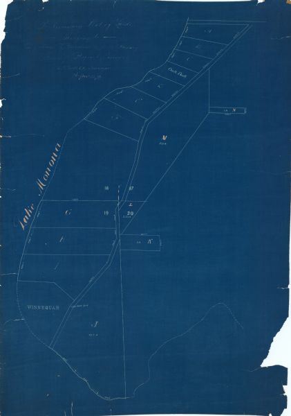 This manuscript blueprint map covers property along Winnequah Road in area now part of Monona, Wisconsin. Lake Monona is labeled to the left and posts are numbered and labeled.