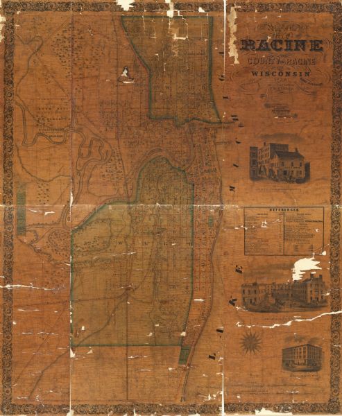 This map shows lot and block numbers, landownership, buildings, railroads, roads, wards, points of interest, parks, and cemeteries. Also included are illustrations of local buildings and an index of churches, schools, the Racine press, and hotels. Relief is shown by hachures.