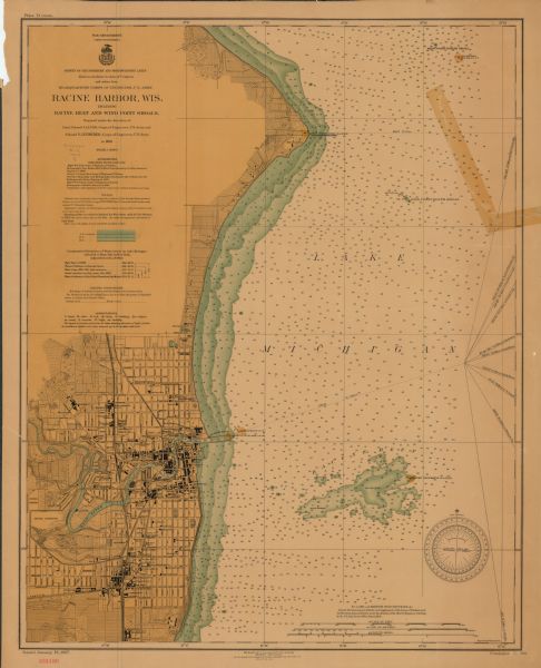 This map shows Lake Michigan, streets, schools, churches, businesses, cemeteries, parks, and railroads. Relief is shown by contours; depths are shown by soundings and tints. Also included are notes on authorities, sailing directions, water levels, and abbreviations.  
The lower right margin reads: "Catalogue No. 838," and the bottom reads: "Aids to navigation corrected from information received to January 24, 1907."