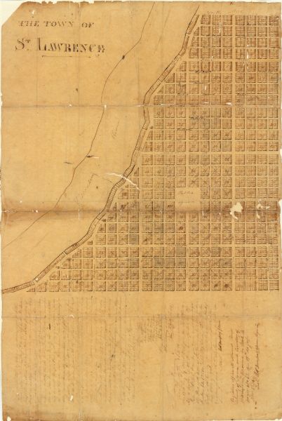 This map is pen-and-ink on paper and is a plat of a paper city on the Wisconsin River, in what is now the Town of Dekorra. The map shows lot and block numbers, streets, public landings, and a public square. Also included are certifications signed by Stephen Taylor, David W. Jones, Hugh R. Hunter, etc.