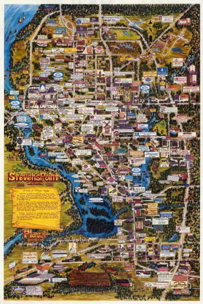 Pictorial map showing businesses with phone numbers, roads, railroads, and parks. Includes text titled: "History of Portage County."