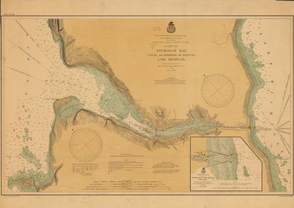 This map shows beacons, buoys, docks, quarries, streets, and buildings. The map inset shows the Harbor of refuge at entrance to Sturgeon Bay and Lake Michigan Ship Canal. Relief is shown by contours and hachures; depths are shown by soundings and tints. Also included are notes on the opening and closing of navigation, sailing courses, and abbreviations.  North is oriented to the upper left.