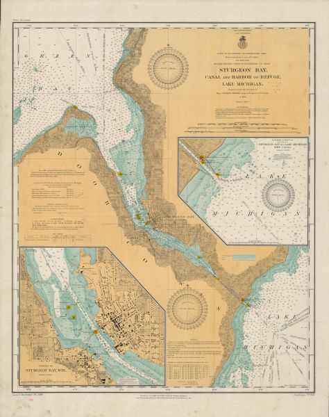 This map shows beacons, buildings, streets, and quarries. Two inset maps include: Vicinity of Sturgeon Bay, Wis. and the Harbor of refuge at entrance to Sturgeon Bay and Lake Michigan Ship Canal. Relief is shown by contours; depths are shown by soundings in feet and tints. Also included are notes on the opening and closing of navigation, sailing directions, dry docks, and abbreviations.