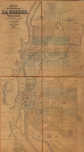 This hand-colored map shows platted additions and subdivisions, ward boundaries, schools, churches, railroads, cemeteries, parks, businesses, factories, and the Mississippi and Black River. The map reads: "Entered according to Act of Congress in the year 1884 by H.I. Bliss in the Office of Librarian of Congress". An inset map shows a copy of the plats of the U.S. Surveys within the limits of the city of La Crosse and lands adjoining upon the west in township number sixteen of range number seven west, list of plats in order of date of record, map of B. S. Reppy’s outlots to the village of La Crosse (vacated), laws which vacate plats, plats not shown as upon the county records, description and contents of the tracts of land, alphabetical index of plats, plat of E. D. Clinton and Blackwell’s addition to the city of La Crosse (partly vacated).
	