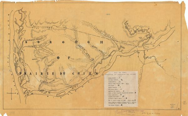 This map is pen-and-ink on tracing paper with a mounted legend and shows the Kickapoo River, Indian mounds, the 1st Fort Crawford, an Indian Agency, the site of the Great Council 1825, a jail house, a French cemetery, an old school house, the American Fur Company, the cabin in which Registre Gagnier was murdered, cabin homesteads, the Rolette grist mill, La Point & Hall’s ferry, Maj. Stephen Harriman Long’s voyage route and camp, the route used by soldiers in boats from Fort Crawford to carry Maj. S. Long’s equipment, and an old Indian village. Relief is shown by hachures. The bottom margin reads: "Campus Service, 1402 N. Paulina St., Chicago 22, Ill.."
