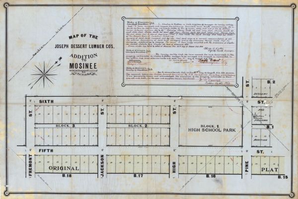 This map is ink on tracing cloth and shows lot and block numbers and dimensions, streets, the high school park, and survey monuments.
The map is oriented with north to the upper right. Also included are certifications signed by Charles A. Nutter, the deputy county surveyor, the Joseph Dessert Lumber Co., and a notary public.