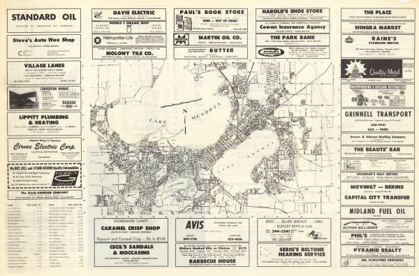 Three maps that show local streets, roads, railroads, parks, country clubs, the University of Wisconsin, Shorewood Hills, Maple Bluff, Monona, Truax Field, Lake Wingra, Lake Mendota, and Lake Monona.
An index for local businesses advertised is included on the front page. The two maps on the verso include one that shows zip codes and local zones, and a map that shows wards, precincts, and supervisory districts. The verso includes text, advertisements, and a note about the maps from the editor, Larry Saunders.