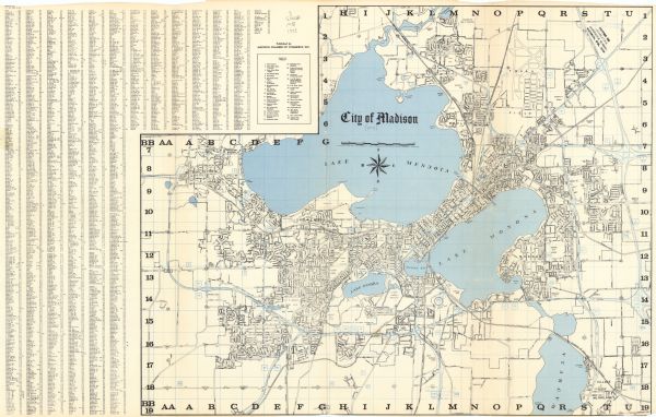 This map shows streets, highways, railroads, parks, colleges, cemeteries, county clubs, University of Wisconsin, Truax Field, Middleton, Shorewood Hills, Maple Bluff, Monona, Pheasant Branch, McFarland, Lake Mendota, Lake Monona, Lake Wingra, and part of Lake Waubesa. Also included is a street index and index to points of interest. The map reads:"No portion of this map to be reproduced without permission of the City of Madison Engineering Department."