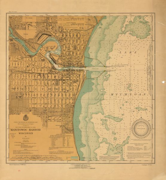 This map shows a plat of the city, local streets, railroads, public buildings, local businesses, and parts of the Manitowoc River and Lake Michigan. Relief is shown by contours and hachures and depths are shown by soundings in feet. Also included is text on sailing directions, harbor improvements, explanation on authorities, and notes on soundings, and water levels. Margin text includes: "Issued September 10, 1925," "Catalogue No. 734," "On sale at U.S. Lake Survey Office, Detroit, Michigan," and "Aids to navigation corrected from information received to September 10, 1925, June 18, 1926."