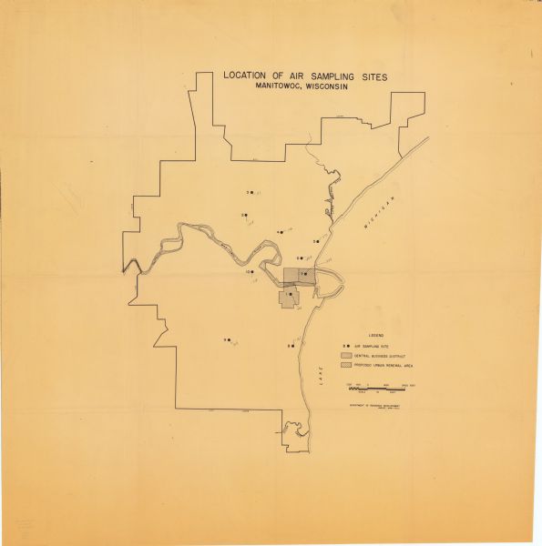 This map shows the city limits, Lake Michigan, the Manitowoc River, Silver Creek, designated sample sites with manuscript annotations, central business districts, and proposed urban renewal area.
