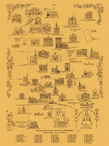 This pictorial map shows illustrations of historical landmarks and events, some of which include the fairgrounds, churches, the courthouse, Turner Opera House, and the birthplace of General Nathan Twining USAF, General Merrill Twining USMC, and Captain Robert Twining USN. The margins include the coat of arms of five cantons of the Old Swiss Confederacy, Appenzell, Bern, Glarus, Unterwalden, and Uri. The bottom margin includes an index.