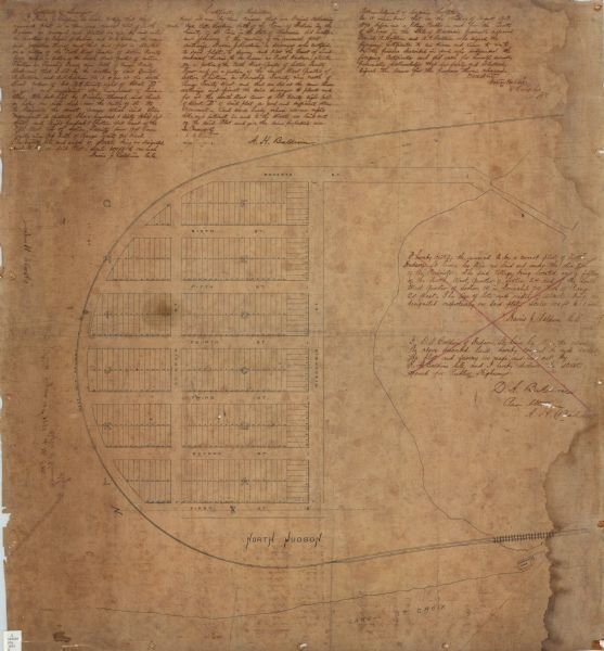 This map is pen-and-ink on cloth and shows lot numbers, block letters, streets, West Wis. Railway, Hudson City Mills, and Lake St. Croix. Also included are certifications by Harris J. Baldwin, A.H. Baldwin, and the notary public. On the verso a filing note by the Register is included.
