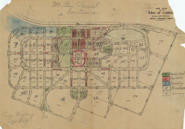 This is a collection of three hand-colored plat maps. One map is a plat plan and includes annotations and an index that shows public land, business, industry, residence, and farming. The second map is hand-colored blue line print and shows the Chippewa River, an industrial district, parks, a high school, hospital, and the Omaha Railroad. The third map shows a railroad, residence and business districts, parks, and certifications.  
