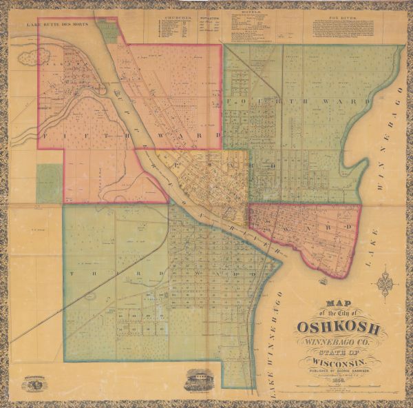This map shows city wards, streets, block and lot numbers, cemeteries, buildings, landownership, forests, railroads, a race course, quarries, and orchards. Relief is shown by hachures. Also included is an index of churches, directory of hotels and halls, text about the Fox River, a population table, and an illustration of David Evan’s residence.