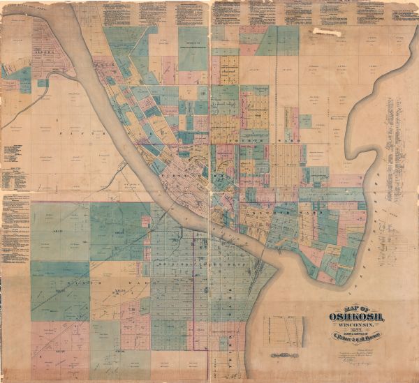 This map shows the Fox River, Lake Winnebago, city wards, lot and block numbers, landownership, selected buildings, railroads, and roads. There are three inset maps that show streets, landownership, and Cottrill Peaslee & Johnston’s addition. Also included are business directories, county and city officers, and attorneys.