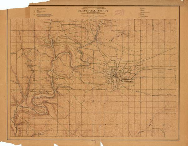 This topographical map shows the Little Platte River, shafts, test-pits, old workings, contour lines of Galena limestone elevation, railroads, and buildings. Relief is shown by contours and spot heights. The top margin reads: "Wisconsin Geological and Natural History Survey. Bulletin no. XIV. Plate X."