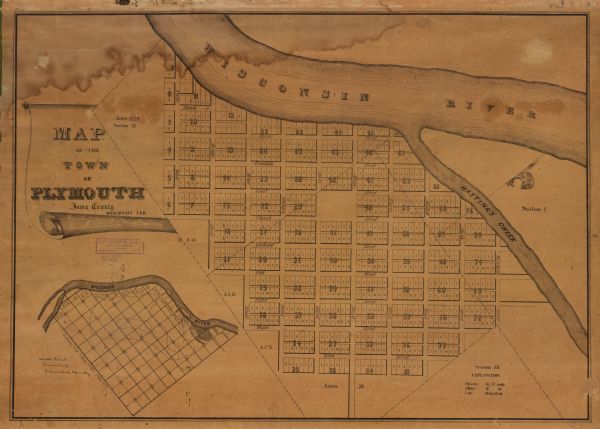 This plat map shows lots and block numbers of a paper city located on the Wisconsin River and Hasting’s Creek, in what is now the Town of West Point, Columbia County. Also included is an inset map that shows the location of Township no. X N., range no. VII E., 4th Mer. W.T. In the inset map, Plymouth is labeled as "Portsmouth."