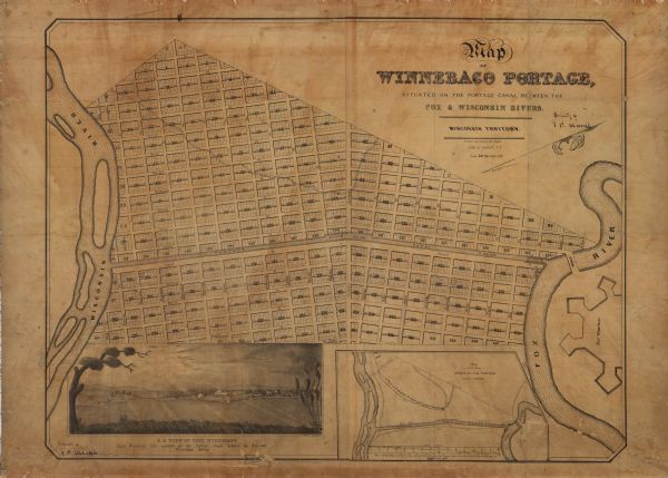 This map shows lot and block numbers, streets, a proposed canal basin, Fort Winnebago, and the Wisconsin and Fox Rivers. Relief is shown by hachures and north is oriented to the upper right. Also shown is an illustration of Fort Winnebago and an inset map of the claim owned by the Portage Canal Company with a profile of the canal. 
