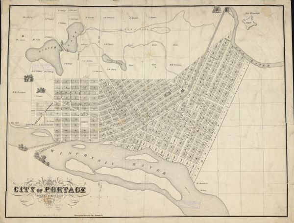 This map shows landownership, lot and block numbers, streets, a canal, bridges, Fort Winnebago, the Wisconsin River, and the Fox River. Relief is shown by hachures and selected buildings are shown pictorially. The bottom right margin includes an annotation that reads: "From Martin papers."