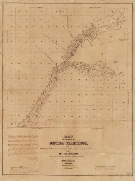 This map is pen-and-ink on paper and shows the numbers, dimensions, and acreages of lots, as well as survey monuments and streets. Also included is a certification inscribed by commissioners (Nelson Dewey, Henry L. Massey, and James E. Freeman), notes, and a certification inscribed by the surveyor, H.A. Wiltse.