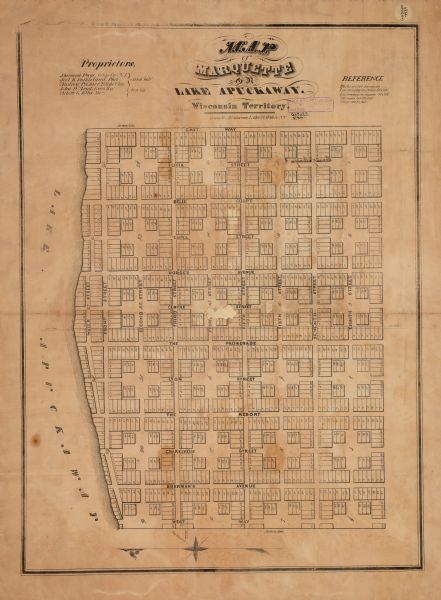This plat map shows numbered blocks and lots, local streets, and part of Lake Apuckaway. The map also includes references for dimensions of lots, streets, and alleys and a list of proprietors.