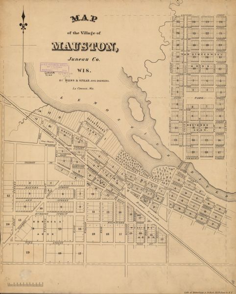 This plat map shows numbered blocks and lots, local streets, the La Crosse and Milwaukee Railroad, and part of the Lemonwier [i.e. Lemonweir] River.