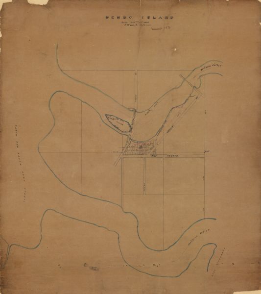 This map is pen and ink on paper and shows part of the city of Menasha, local streets, Dendo Island, part of Lake Winnebago, and part of Little Lake Butte Des Morts. Little Lake Mutte Des Morts and Dendo Island are outlined in blue ink. Also included are annotations in red ink and "Summer 1881" is written in black ink.