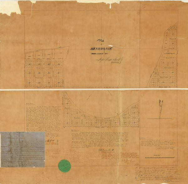 This plat map is pen on paper and shows numbered blocks and lots, local streets, and section lines. Also included is text on survey certifications.