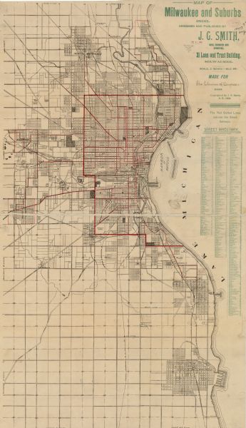 This map covers west to Wauwatosa, north to North Milwaukee, and south to South Milwaukee and shows street railways, city limits, parks, roads, railroads, and Lake Michigan. Also included is a street index. The right margin reads: "Made for the Librarian of Congress," which is partially inscribed in ink.